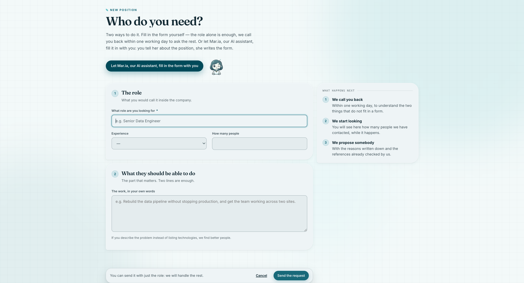 Opening a search in the portal: the role, what the person needs to be able to do, and the panel explaining what happens next